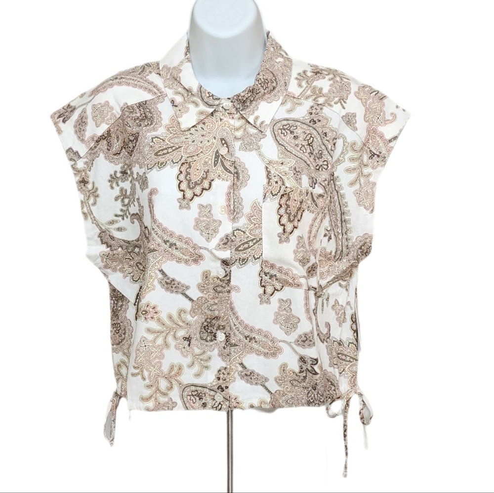 Ellen Tracy Linen Blend Paisley Print Camp Shirt Drawstring Hem Side Ties M, L.